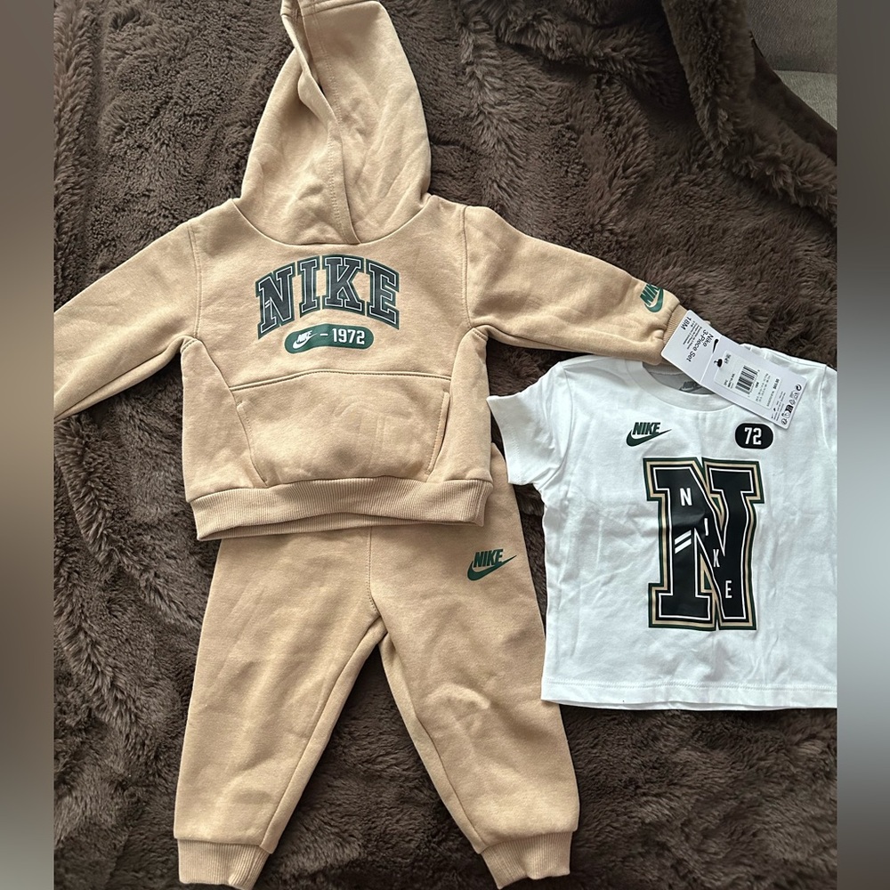 Nike Beige Hoodie and Jogger Set with White Tee
